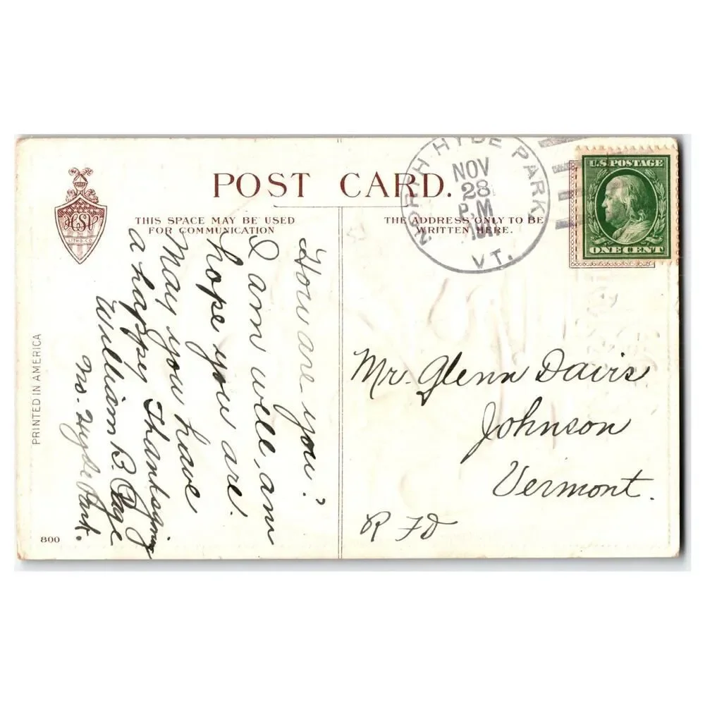 1910 Thanksgiving Greetings Postcard Pilgrim Carving Turkey US Flag VT Postmark